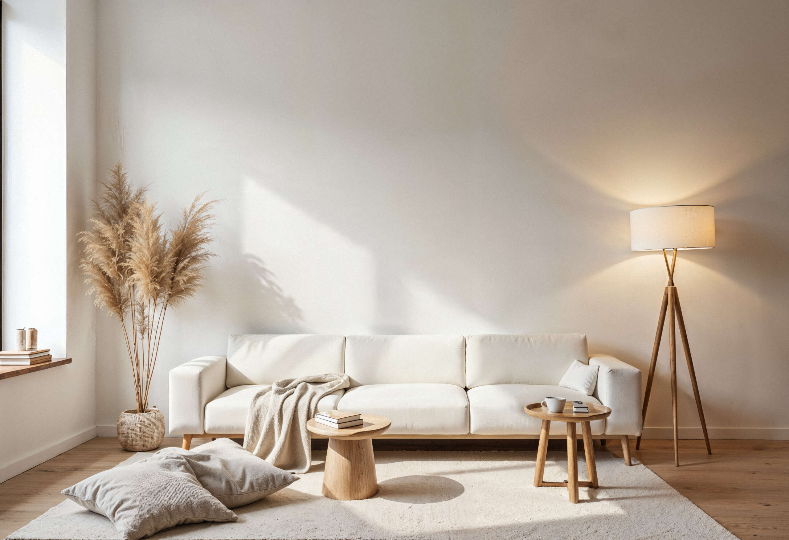 A minimalist living room with a neutral-toned Moroccan Berber rug, a cream-colored sofa, wooden furniture, and soft natural lighting.